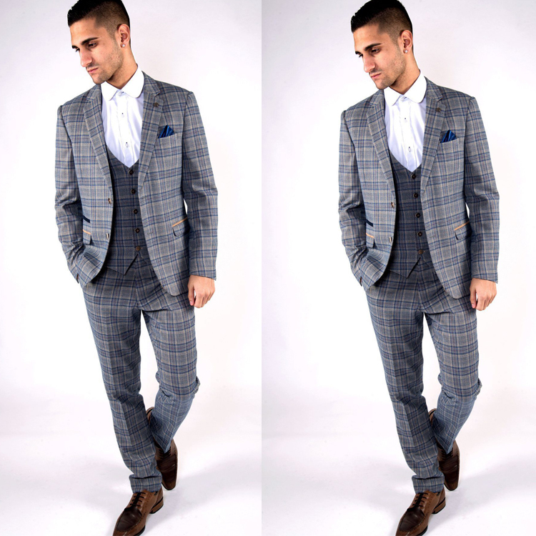 2019 Newest Design Plaid Wedding Tuxedos Slim Fit Two Button Men Pant Suits Groom Wear Prom Check Blazer (Jacket+Vest+Pants)