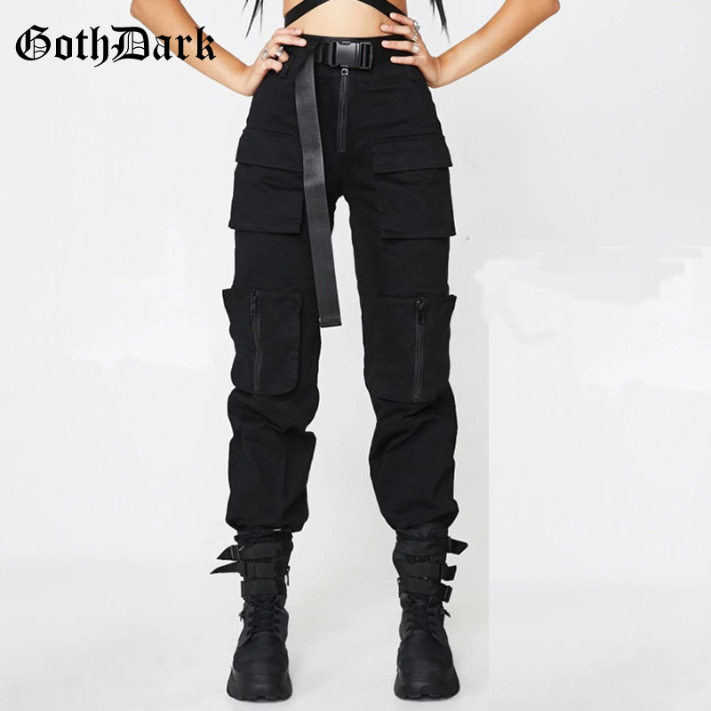Goth Dark Black Pleated Grunge Gothic Pants For Women Harajuku Punk Patchwork Zipper Pockets Autumn 2019 Fashion Female Trousers