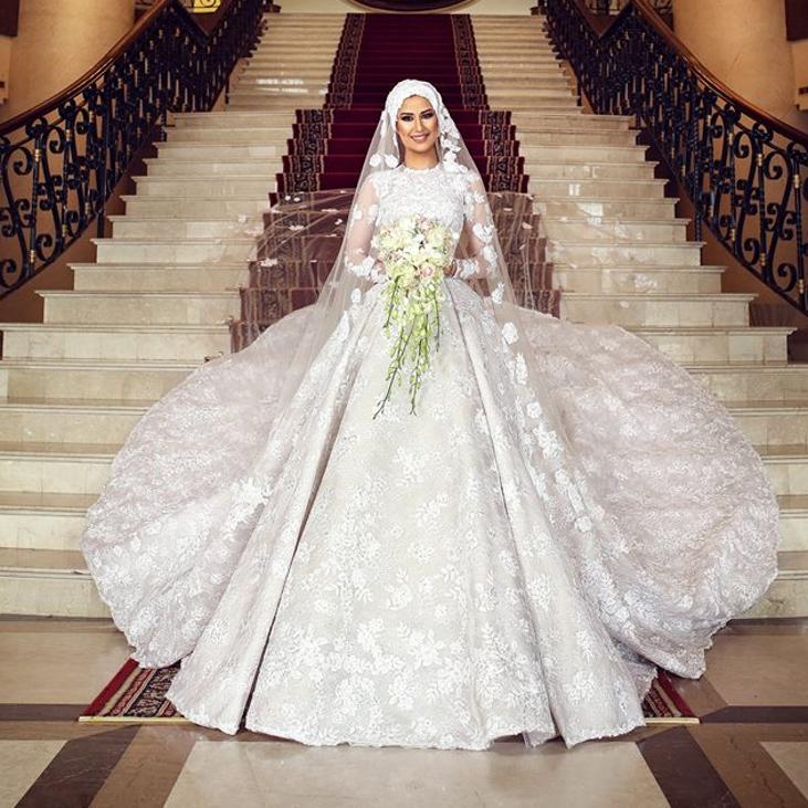 muslim wedding dresses with cathedral train jewel neck lace ball gown bridal gowns long sleeves white wedding dress plus size