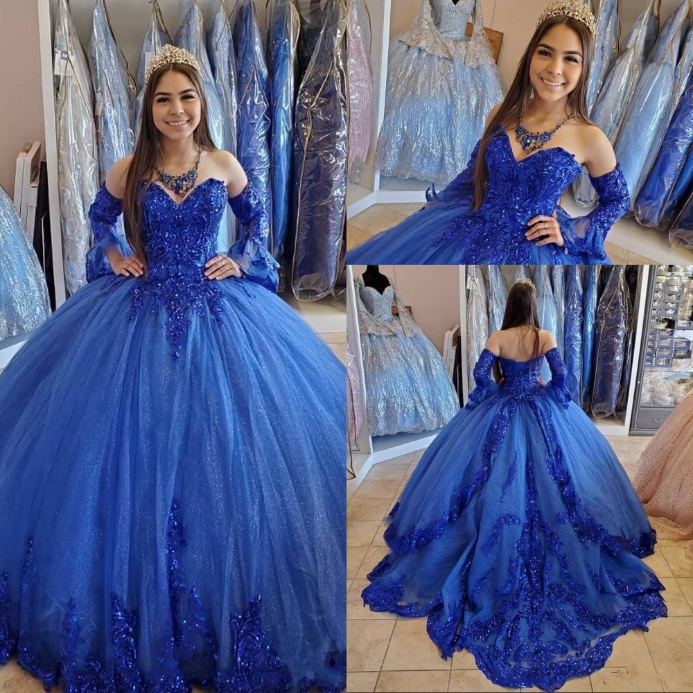 2021 Sequined Ball Gown Quinceanera Dresses Sweetheart Royal Blue Tulle Lace Appliques Sequins Beads Sweet 16 Party Formal Prom Dress Evening Gowns