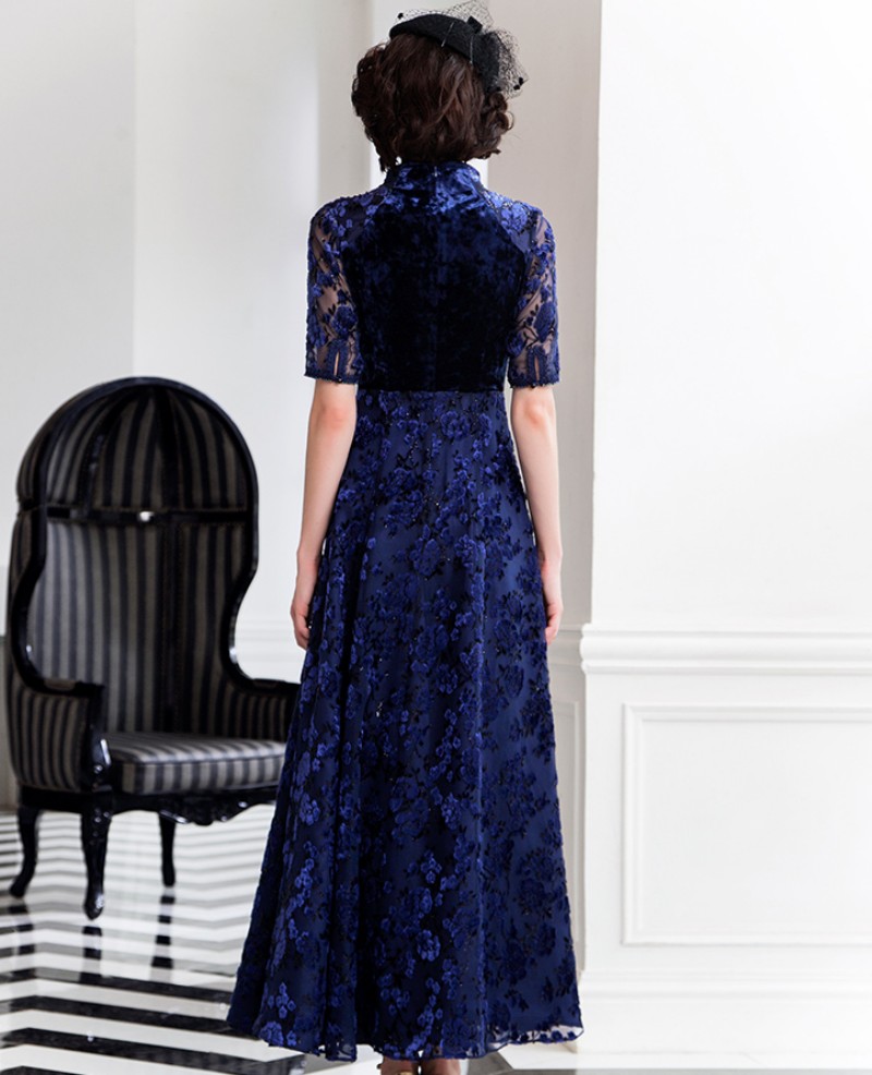 Vintage Mother of the Bride Dresses Royal Blue Lace Half Sleeve Appliques Evening Gowns with Sequins Beads Mothers Formal Dresses