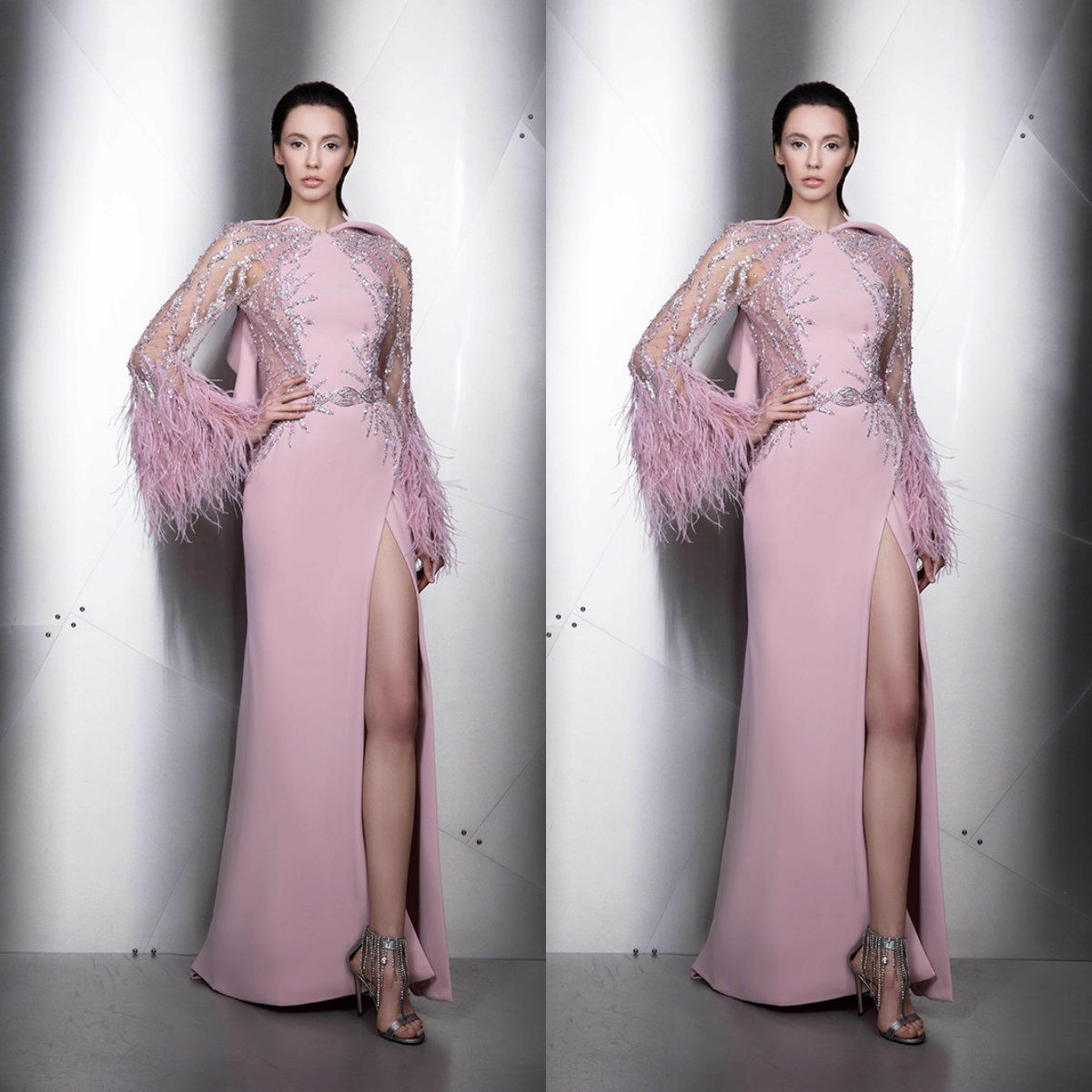Ziad Nakad Prom Dresses Long Sleeves Lace Appliques Feather Evening Gowns Side Split Or Length Satin Special Ocn Dress Lz0304