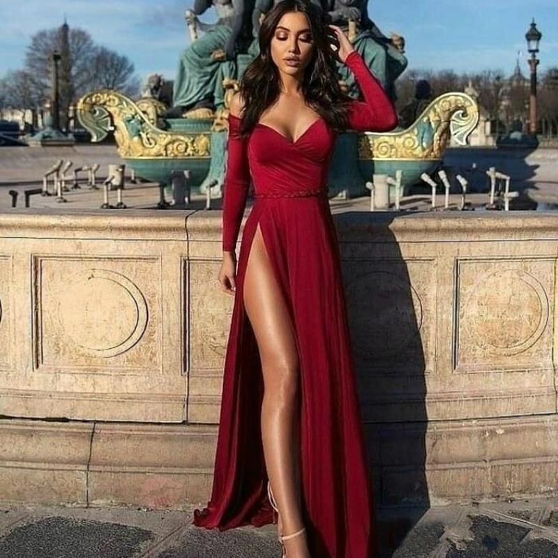 Fashion Burgundy Velvet Prom Dress With Long Sleeves Sexy Off The Shoulder High Side Split Special Occasion Formal Party Dresses Long Gowns