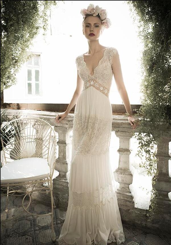 Vintage lihi hod Wedding Dresses Sheer Deep V Neck Backless Bohemia Lace Applique 2019 Wedding Gowns Chiffon Court Train Long Bridal Dress