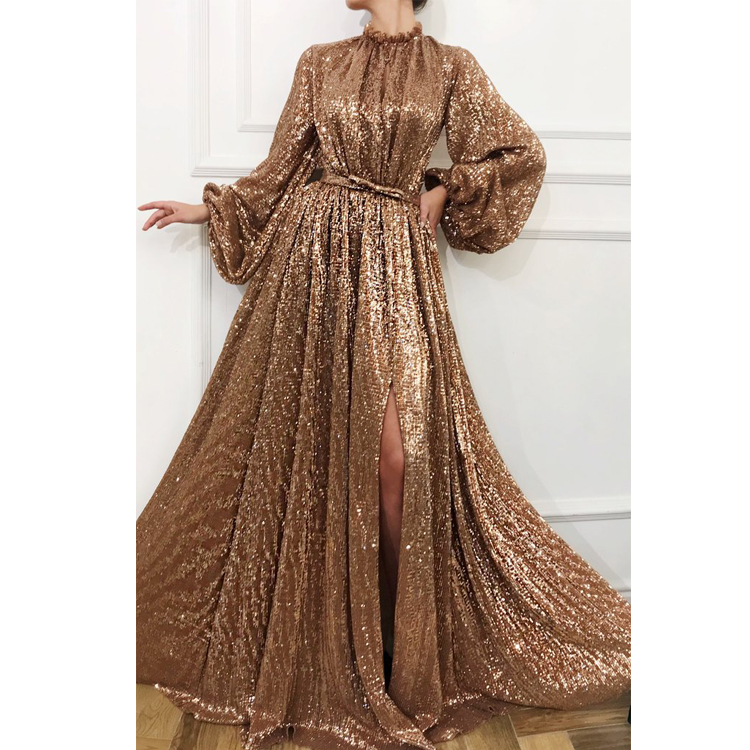 Sparkling Gold Sequins Evening Dresses Sexy High Neck Split Prom Dress Shiny Long Sleeves Floor Length Women Dress