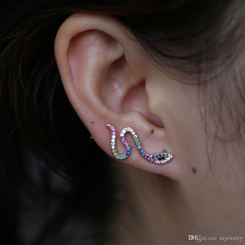 2018 New european jewelry earring for lady girl colorful micro pave cubic zirconia rainbow ear climber snake shaped fashion CZ earrings