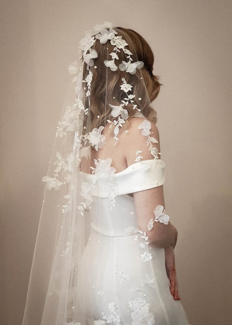One Layer Pearl Bridal Veils 3D Flower Lace Appliqued Bridal Accessories 3M Simple Veil For Bride Custom Made