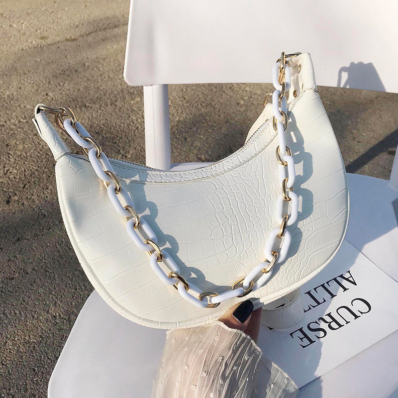 Fashionable small bag women handbag hot sale fashion simple shoulder underarm bag half moon acrylic chain, White
Fashionable small bag women handbag hot sale fashion simple shoulder underarm bag half moon acrylic chain, White