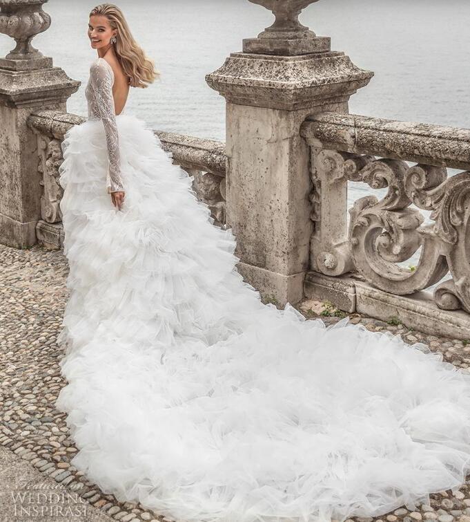 julie vino wedding dresses tiered skirts thigh high slit lace top beach wedding dress long sleeves open back sexy vestido de novia