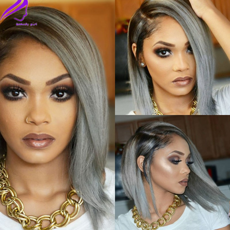 Side part Ombre Grey Short Bob wig Straight Synthetic Lace Front Wigs with bangs Heat Resistant Fiber Glueless For White Women