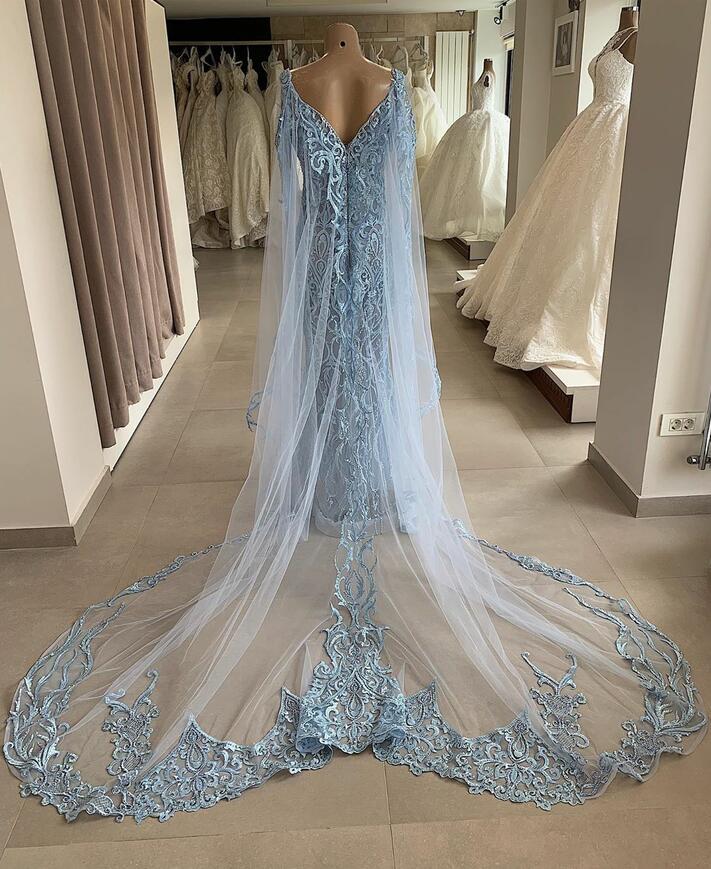 Elegant Mermaid Prom Dresses With Wrap Lace Appliqued V Neck Beads Light Blue Evening Gowns Long Formal Glitz Pageant Dress