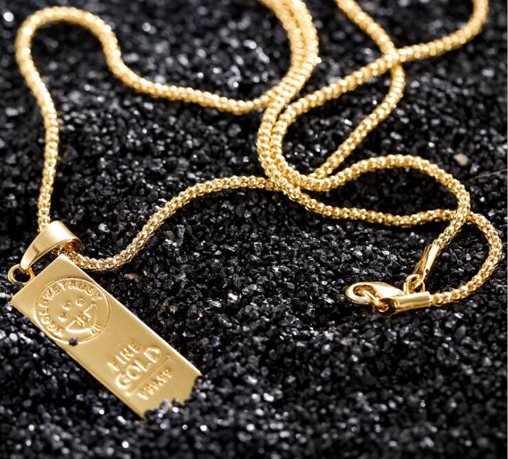 Stainless Steel Necklace Iced Out Golden Bar shape Pendant Round Box Chain Fortune Charm Necklace Hip Hop Mens Christmas Gift WL018