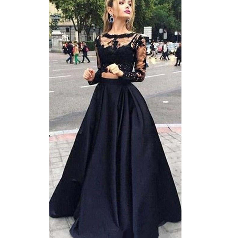 2020 Lace Long Sleeve Two Piece Prom Dresses A-line Floor-length Scoop Neck Tulle Elastic Woven Satin Appliques Custom Made .