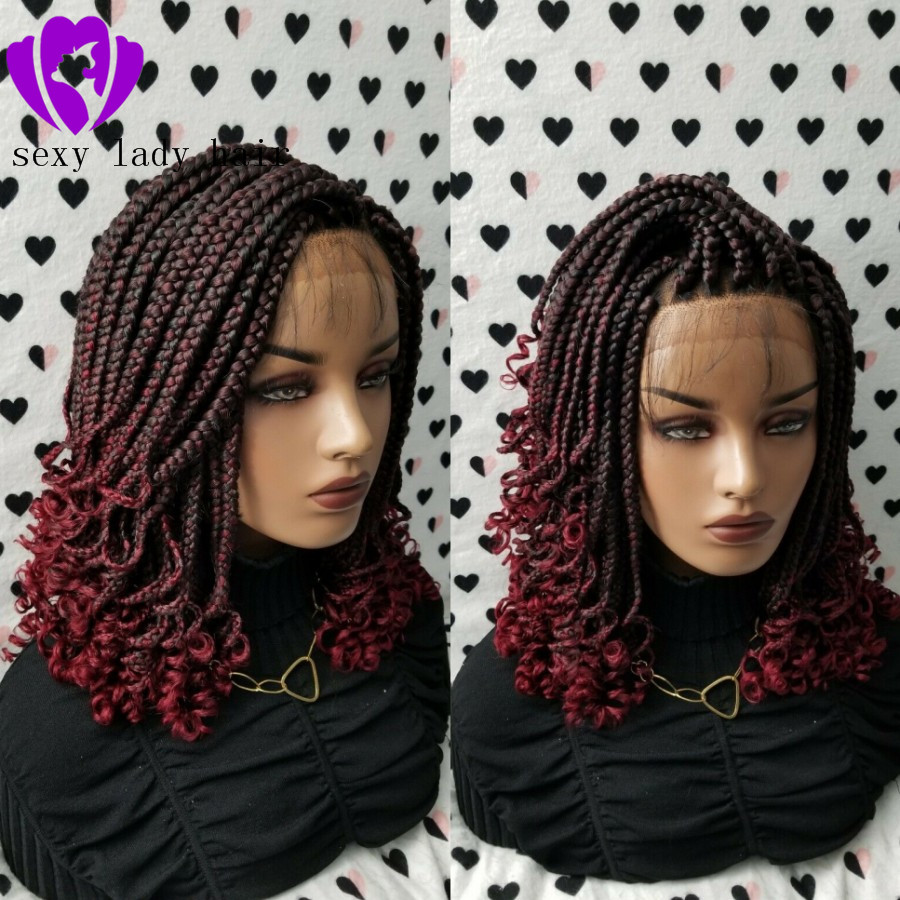 Handmade 14inch Box Braid Braided Lace Front Wig With Curly Ends Color 1b/Burgundy Red Ombre color short braiding hair wigs for black women
