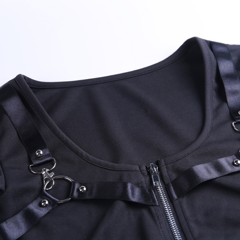 InsGoth Black Long Sleeve Women Crop Top Gothic Punk Sexy Short Top Zipper Patchwork Bodycon Female Top Autumn Streetwear Tshirt T200110