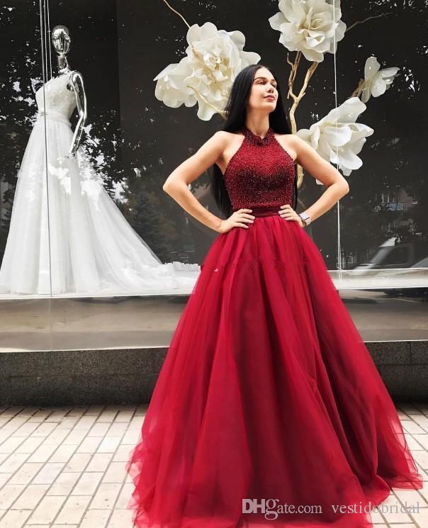 2018 Dark Red Prom Dress Long Halter Beaded Top Sexy Backless A Line Organza Arabic Evening Dresses Formal Party Gown Quinceanera Wear