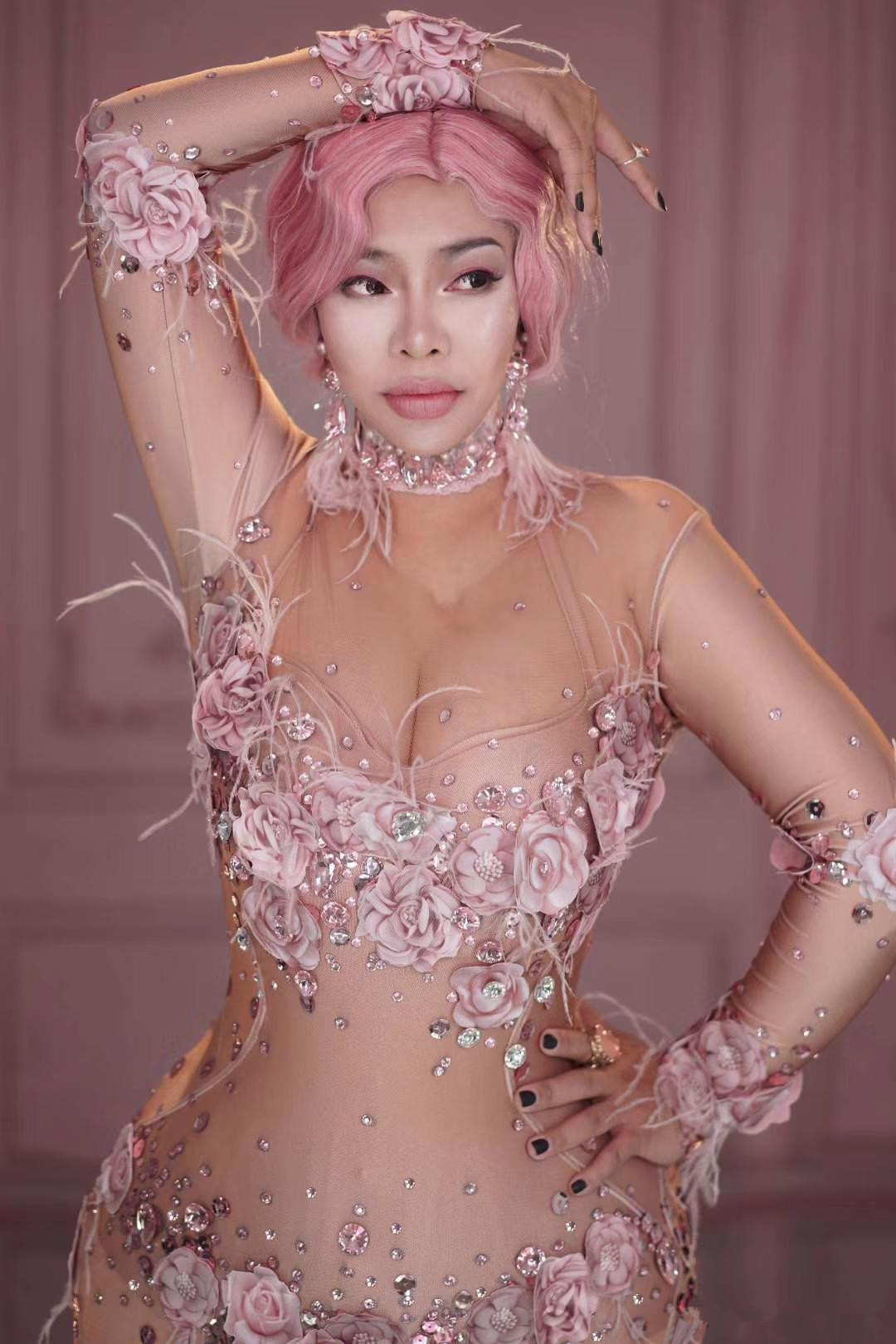 pink flowers see through long sleeve prom dresses beaded mermaid celebrity party gowns singer performance costume formal evening dress