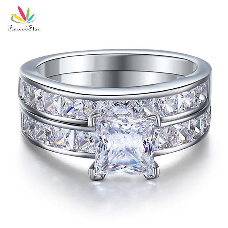 Peacock Star Solid 925 Sterling Silver 2-Pcs Wedding Engagement Ring Set 1 Ct Princess Cut Jewelry CFR8020 CJ191216