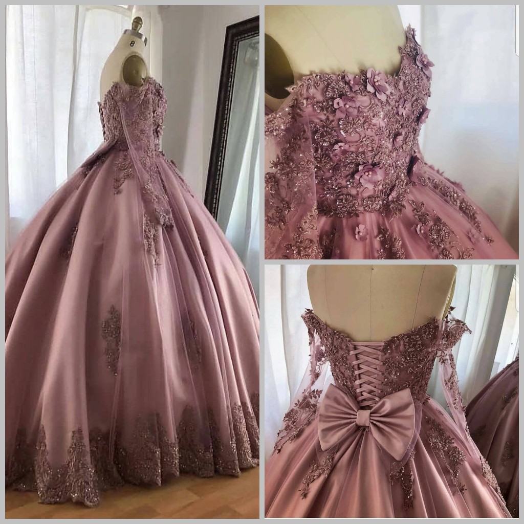 Vintage Ball Gown Prom Dresses Long Sleeve Off The Shoulder Beads Lace 3D Floral Appliqued Evening Gowns Lace-up Back Plus Size Formal Occas