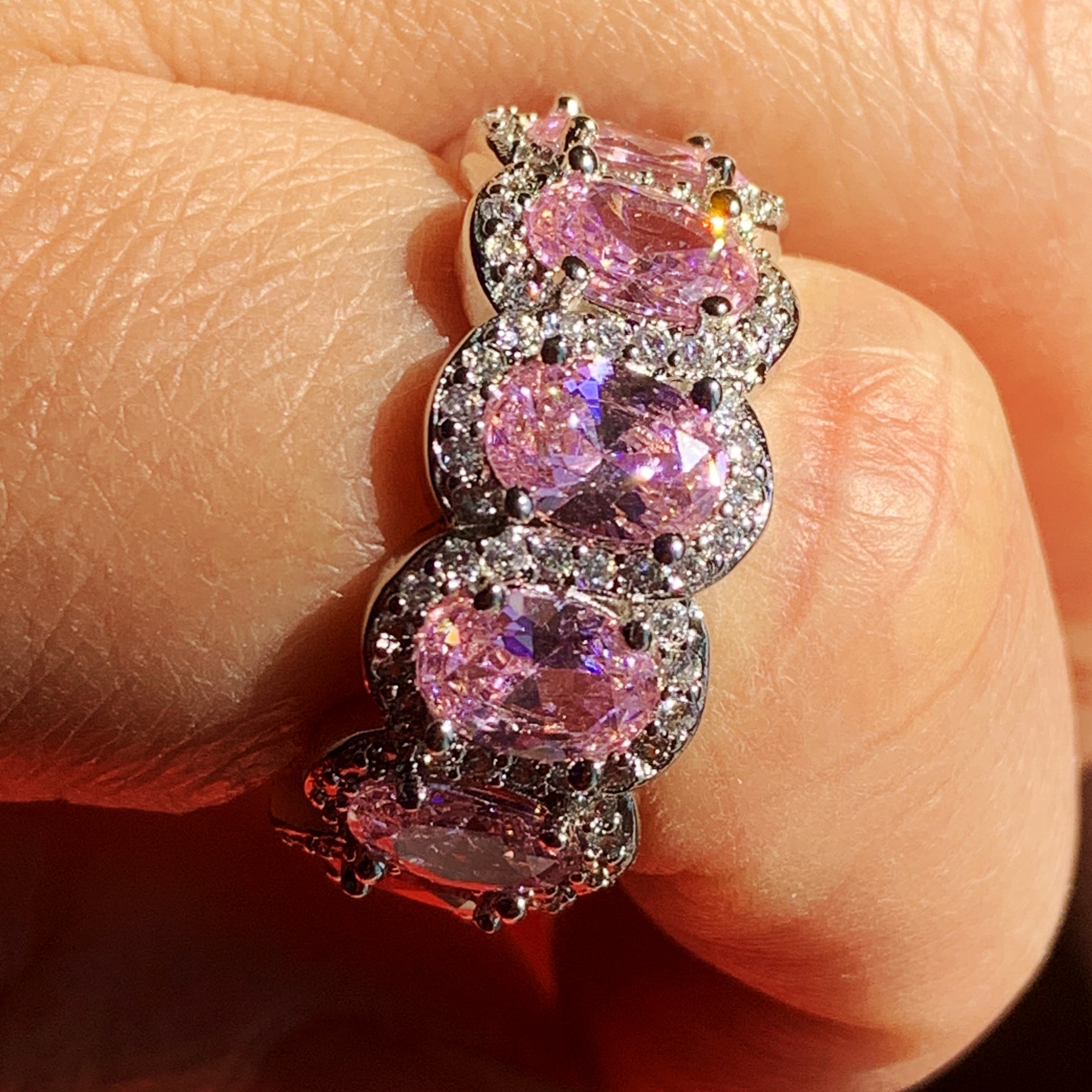 Super Deal Top Selling Stunning Lovers Jewelry 925 Sterling Silver Oval Cut Pink Topaz CZ Diamond Eternity Wedding Band Ring fpr Women Gift