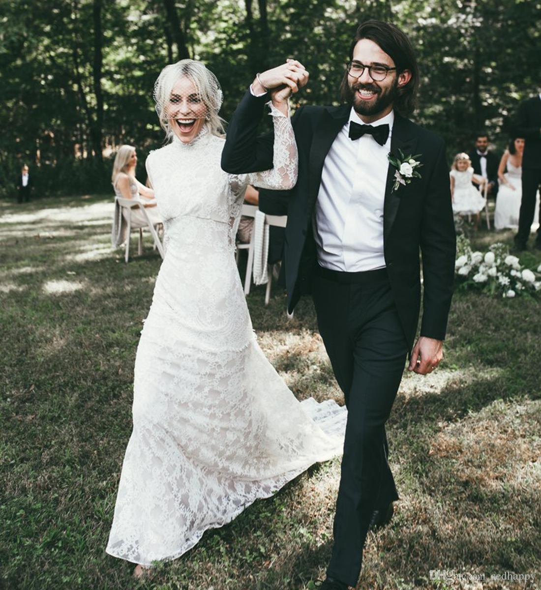 Vintage Full Lace Mermaid Wedding Dresses Long Sleeves HIgh Jewel Neck Backless Sweep Train Wedding Dress Bridal Gowns Vestidos De Noiva