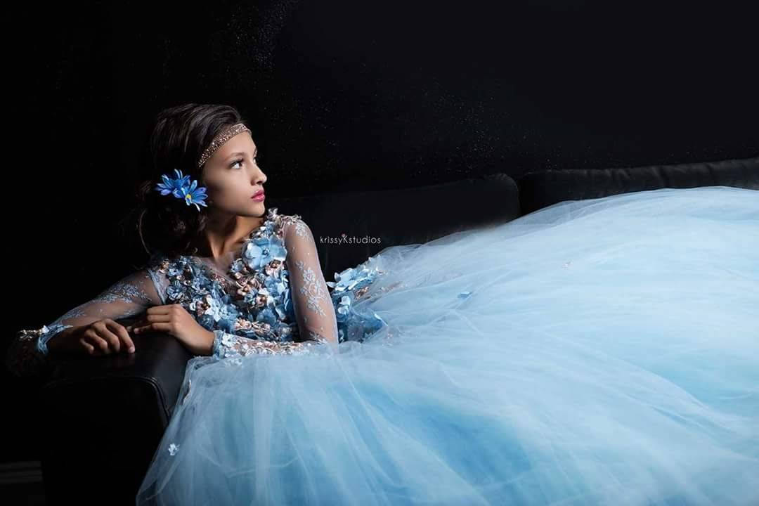 Blue Princess Flowers Girls Dresses For Wedding Long Sleeve Appliques Beads Ball Gown Kids Pageant Gowns First Holy Communion Dress