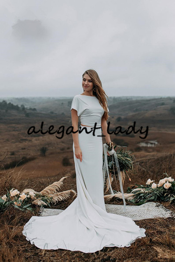 Silk Crepe Boho Wedding Dresses 2021 Modern Jewel Neck Bow With Strap Back Mermaid Country Bride Reception Second Wedding Gown