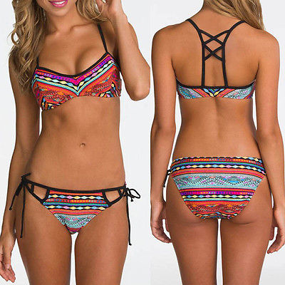 

2020 Women Multi Color Tribe Prints Swimwear Bandage Push Up Padded Bra Bikini Set Mid Waist Women Summer Beachwear