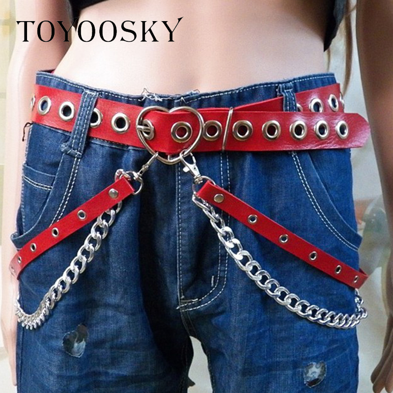 Women Gothic Punk Heart Shape Belt For Women Street Fashion Rock Hip-hop With Two Chain Waist Belts Ins Second Cowskin Toyoosky C19021601