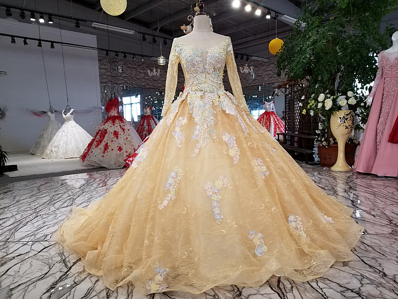 Vestido de Noiva Appliques Lace Princess Champagne Wedding Dresses 2020 Long Sleeves Embirodery Ball Gown Arabic Bridal Dress