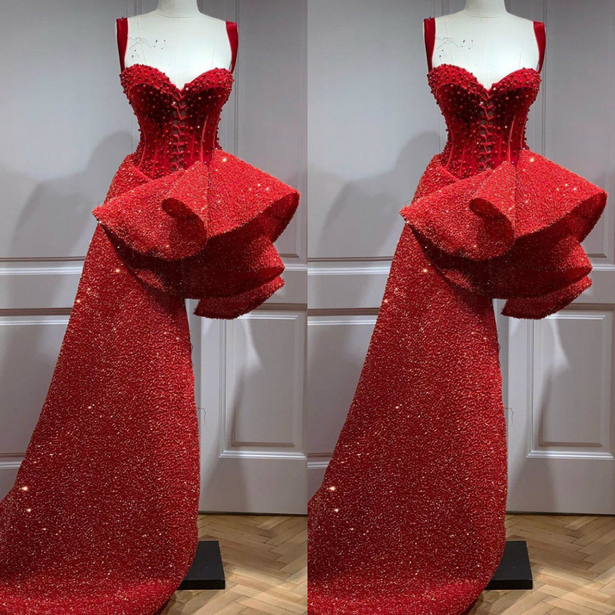 2020 Arabic Red Sparkly Prom Dresses Spaghetti Beaded Sequined Evening Dress Stylish Ruffle Skirt Formal Party Reception Gowns