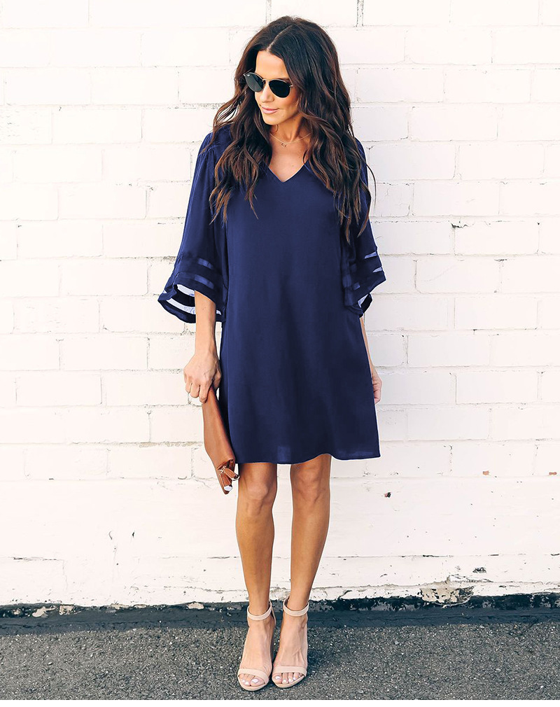 New Summer Women Fashion Elegant Geometric Gauze Tops Ladies Female Plus Large V-neck seven-quarter sleeve Dresses