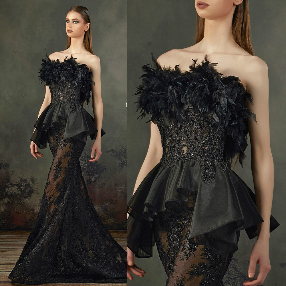 Black Mermaid Prom Dresses Strapless Ruched Beads Appliques Feathers Tulle Party Gowns Sweep Train Special Occasion Dresses, Chocolate
Black Mermaid Prom Dresses Strapless Ruched Beads Appliques Feathers Tulle Party Gowns Sweep Train Special Occasion Dresses, Chocolate