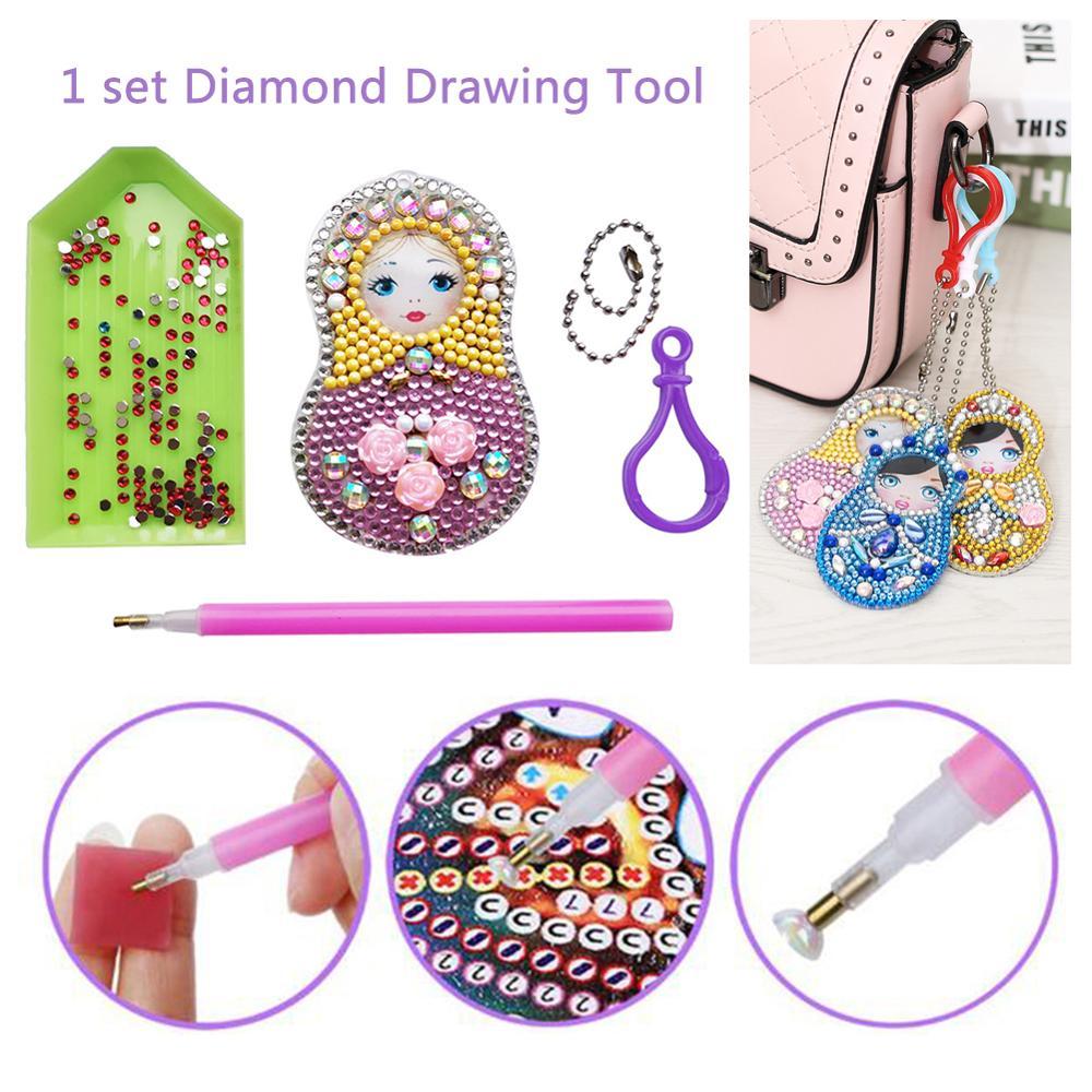 5pcs/Lot Diy Full Drill Rhinestone Keychain Colorful Russian Doll Fruit Butterfly Love Heart Pendant Key Ring Women Jewelry Keyring Chain