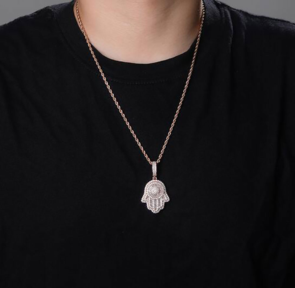 Iced Out Hand of Fatima Hamsa Pendant Necklace CZ Copper Top Quality Cubic Zircon Bling Bling For Men Women gifts