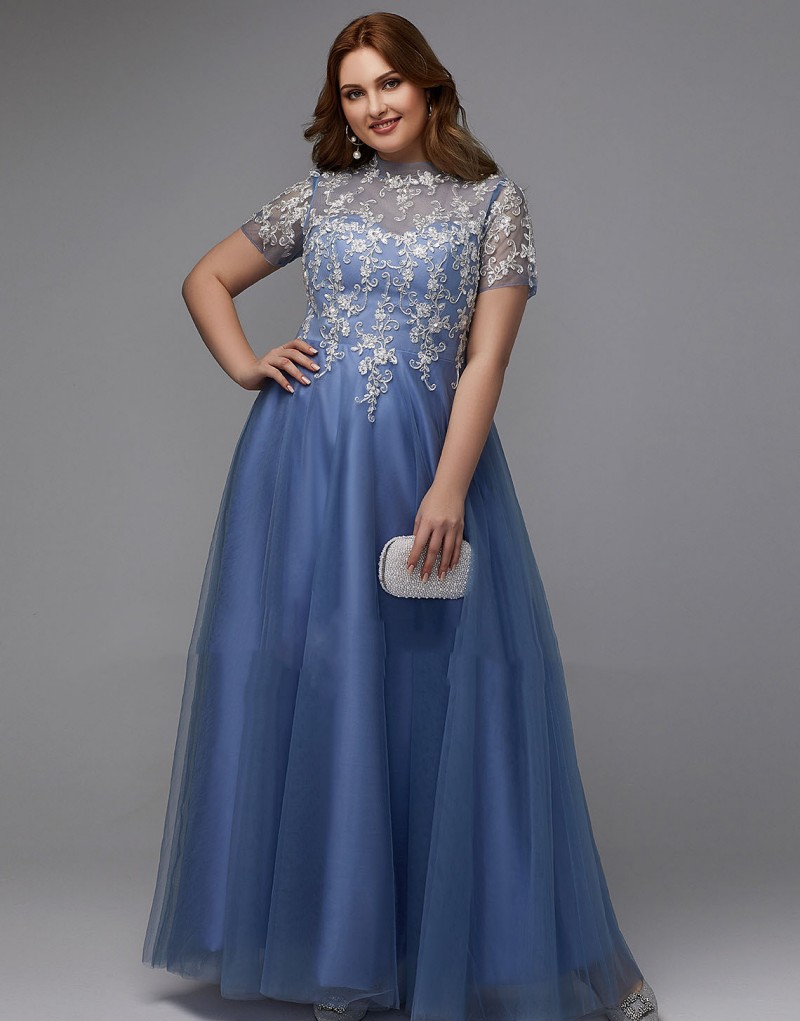 Tulle High Neck Evening Dresses Lace Applique Blue Plus Size Prom Dresses Ankle Length Open Back Mother Of Bride Gowns