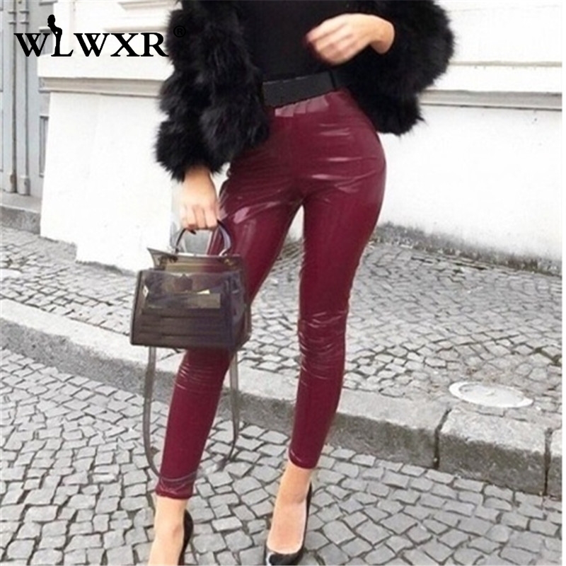 WLWXR Autumn Winter Pu Leather Pants Women Ladies Trousers 2019 High Waist Skinny Pants Female Black Pink Red Sexy Bodycon