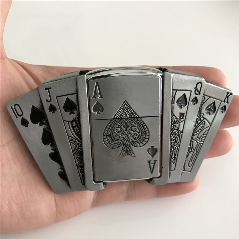 Retail New Spades 10JQKA Playing Cards Kerosene Lighter Cowboys Belt Buckle With Metal Men Belt Accessories Fit 4cm Wide Belt174I7