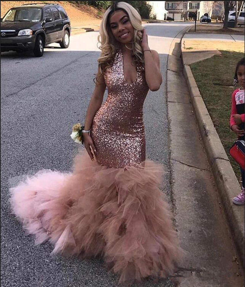 Black Girls Sequins Mermaid Rose Pink Long Prom Dresses 2020 New Sexy Halter Deep V Neck Organza Skirt Evening Party Gowns 1475