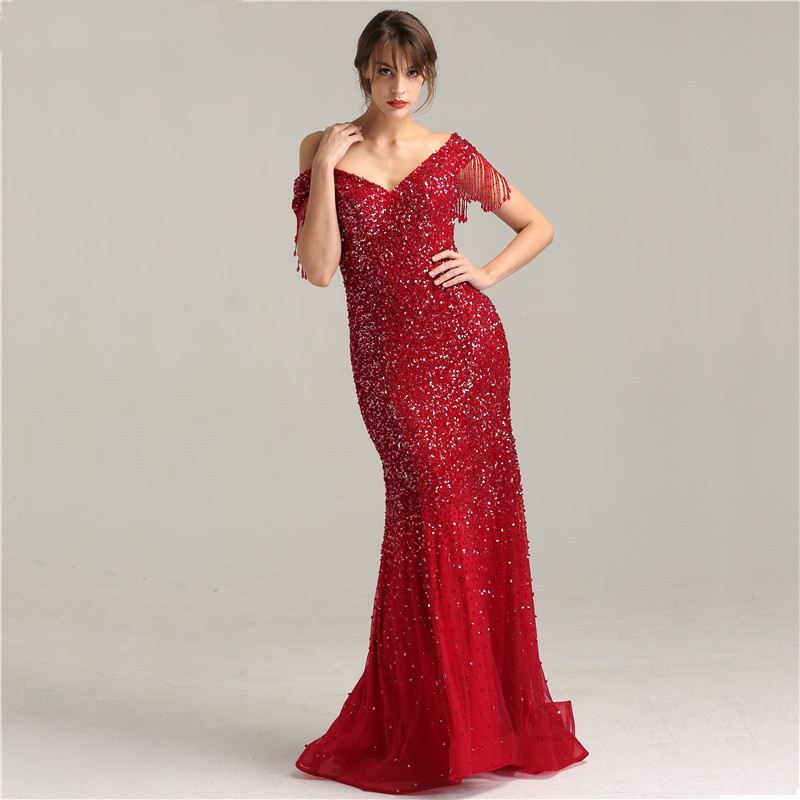 Red Tulle Mermaid Prom Dresses Beads Formal Evening Gowns V Neck Floor Length Sequins Cap Sleeves Party Dress