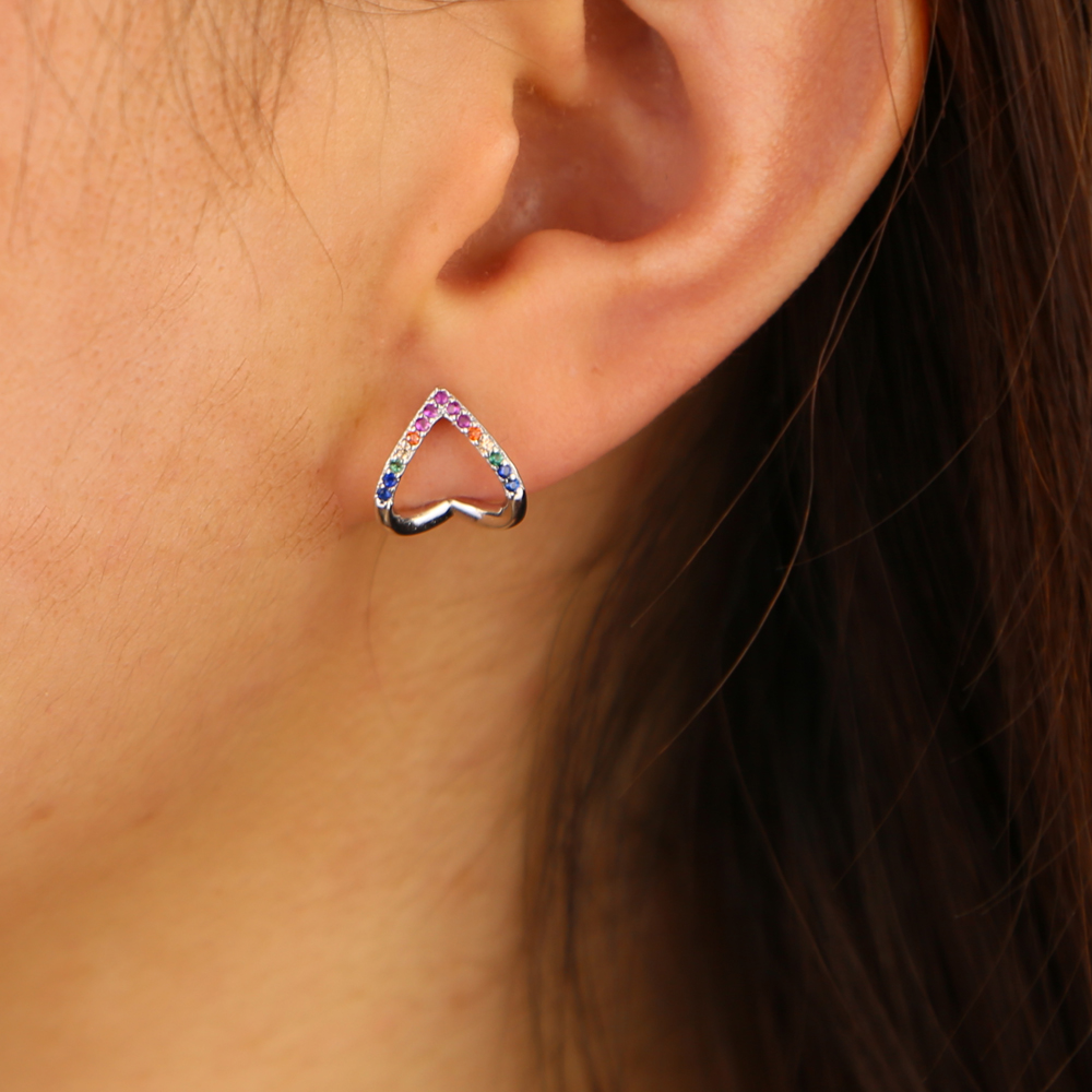 2024 valentine's gift heart stud earring micro pave rainbow colorful cubic zirconia fashion hollow heart design jewelry