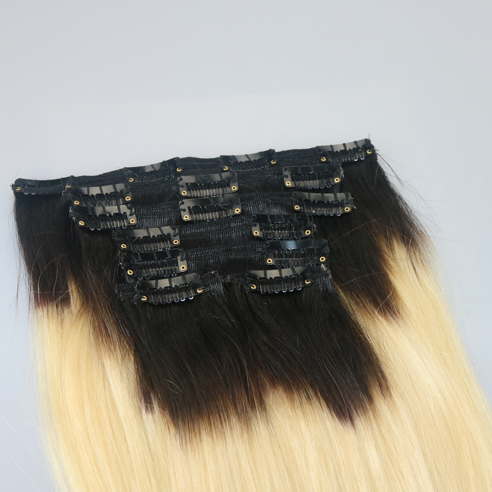 120g 7Pcs Human Hair Extensions T1b/613 Ombre Color Black To Russian Blonde Clip In Human Hair Extensions Highlights