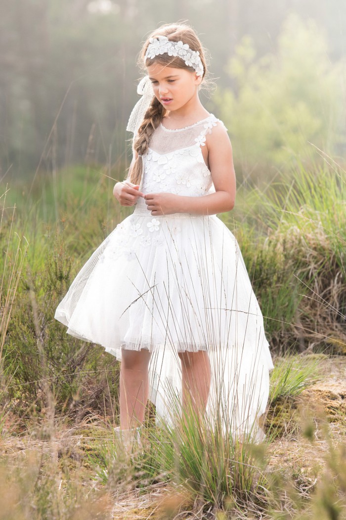 white bohemian flower girls dresses jewel neck lace high low kids wear girls pageant gowns backless appliqued girl dress