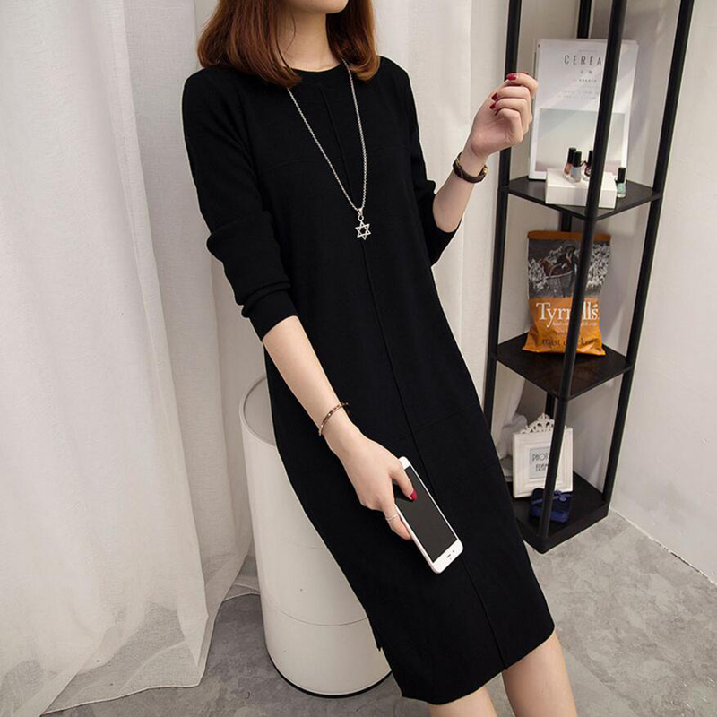 Women's Autumn Winter Slim Sweater Dress 2019 Solid Thick Dress Round Neck Long Sleeve Knit Dress Female LJ0711 T200416
