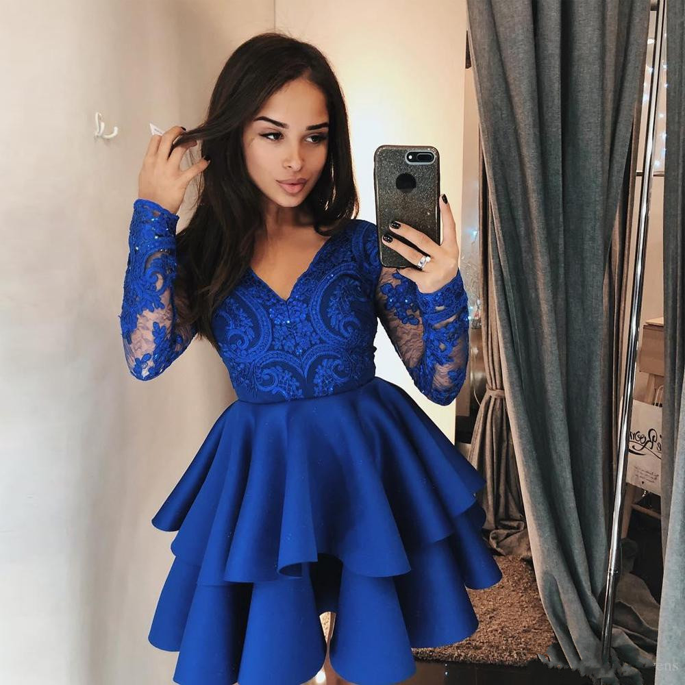 Cheap A Line Blue Homecoming Dresses 2019 V Neck Long Sleeve Appliques Sequin Ruched Bottom Party Skirt Girls Cocktail Dress