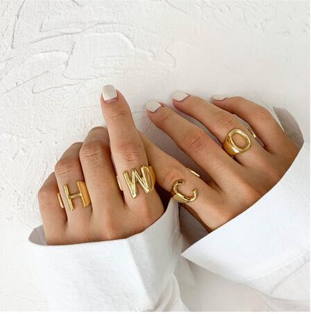 Hollow A-Z Letter Gold Color Metal Adjustable Opening Ring Initials Name Alphabet Female Party Personalized Party Jewelry SHU32