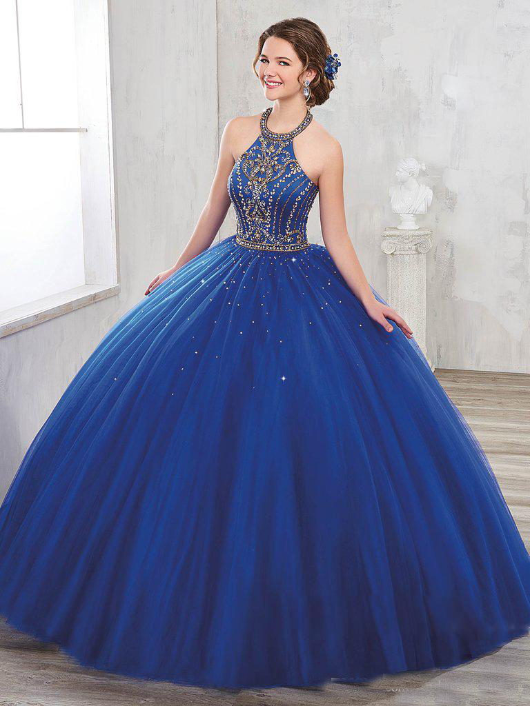 Golden Beaded Navy Halter Quinceanera Dresses Lace Up Puffy Skirt Prom Dress Gown For 15 Years