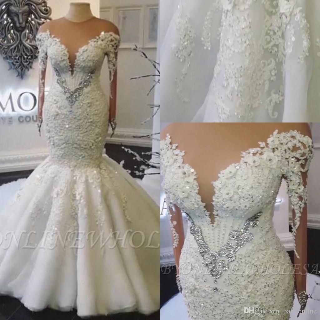 Elegant Plus Size Beads Mermaid Dresses Applique Long Sleeves Wedding Dress Bridal Gowns Vestidos Novia Sirena Robes De Marie