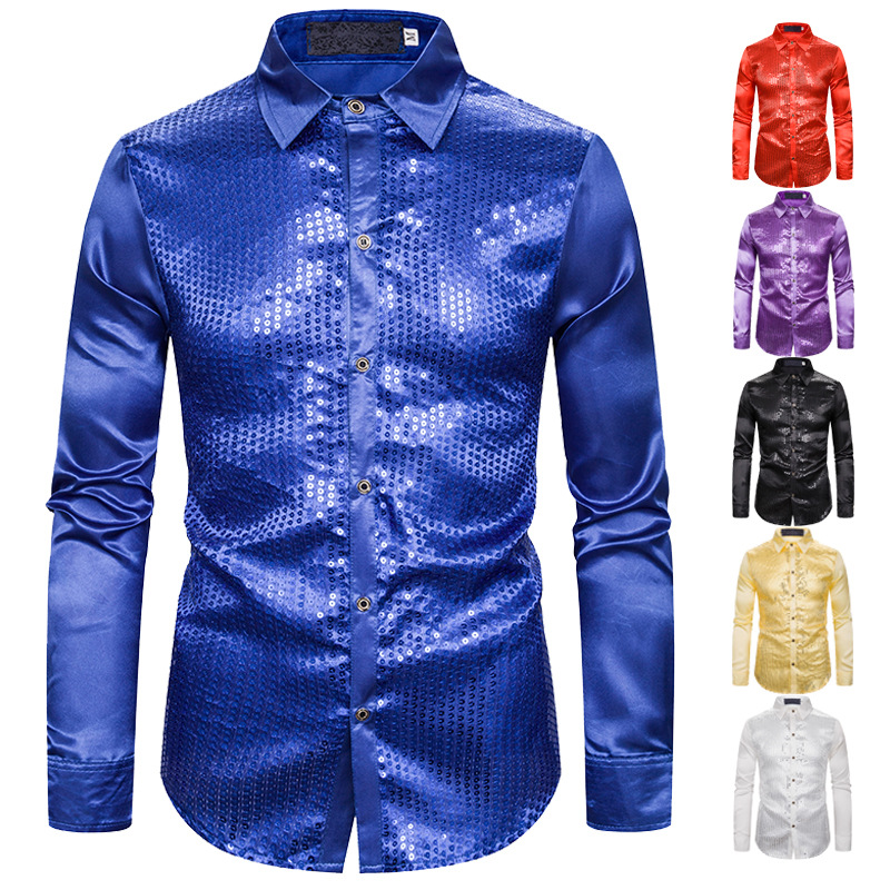autumn new Sequin show night club host emcee gilt men's Lapel Long Sleeve Shirt Men's Party Wear Shirts