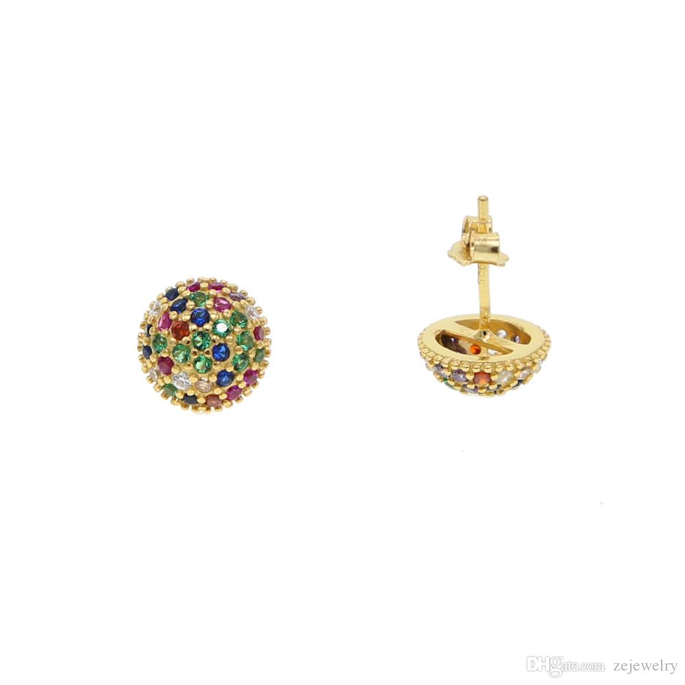 geometric ball round stud earring 2019 women fine 925 sterling silver colorful rainbow cz paved classic simple fashion jewelry